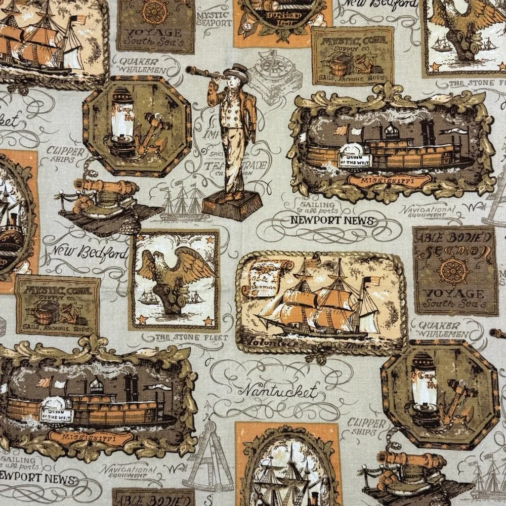 Vintage 1960s Richloom Nautical Fabric, Colonial, Whaling Ships 42x39 No Flaws